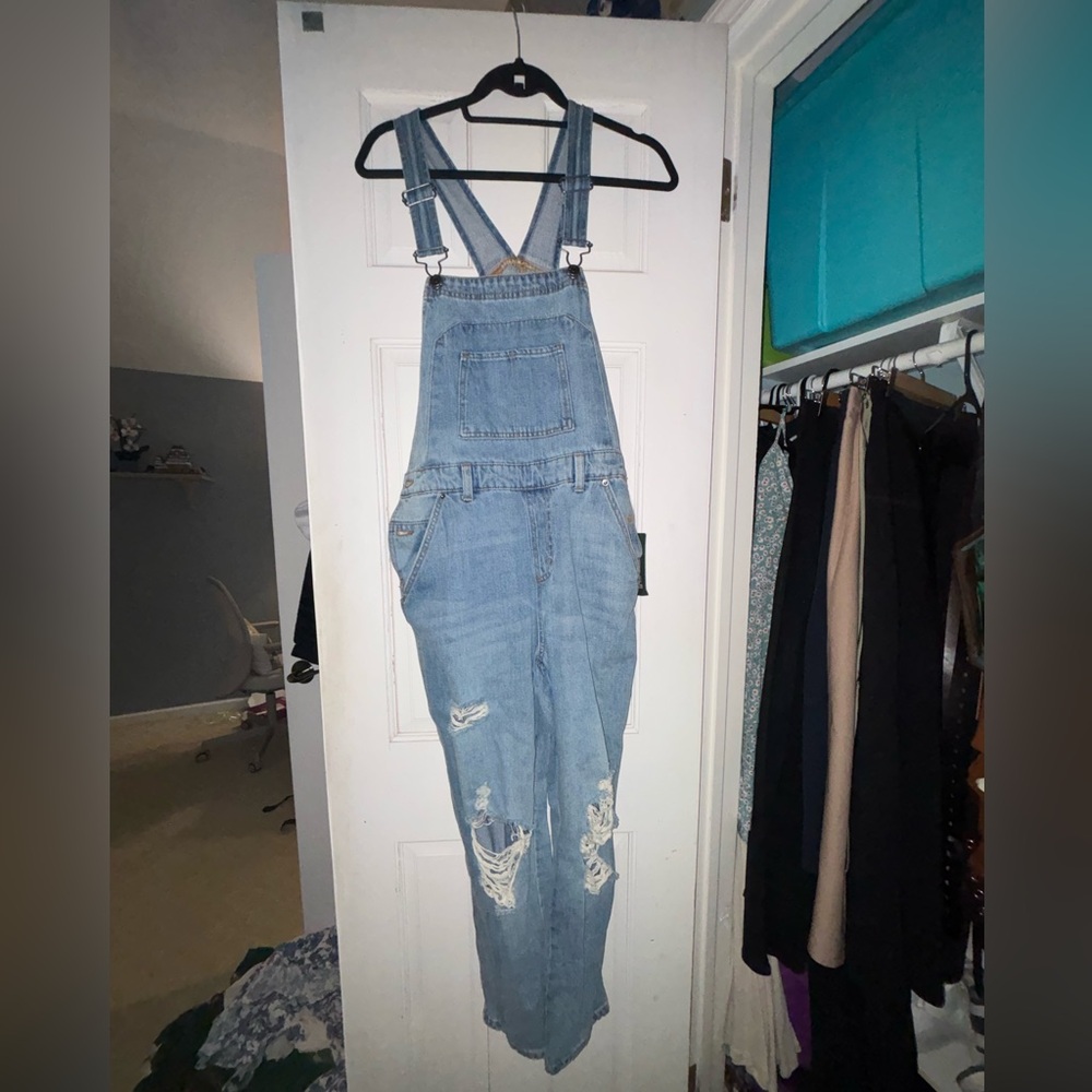 Blue Denim Overalls with Distressed Details - Picture 2 of 5
